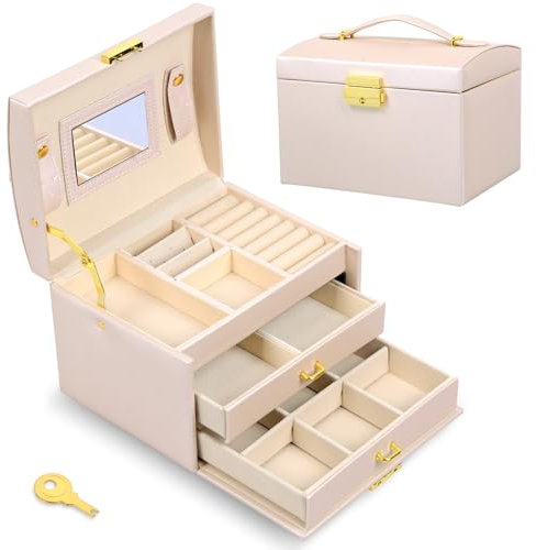 Fohil Porta Gioielli Donna,3 Livelli Gioielli Scatola Organizer con specchio, Portagioie Bambina con Maniglia Portatile,Versatile per Anelli Orecchini Collane,Regalo Festa Della Donna,Rosa