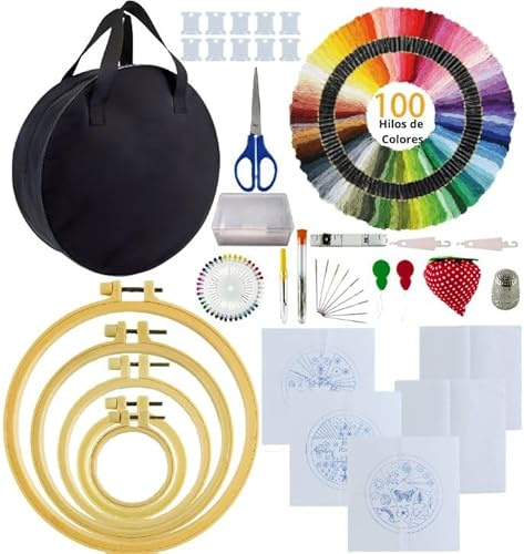 SusggO Kit da ricamo 207 pezzi con tutorialvideo, telai da ricamo,modelli. 5 telai da ricamo.Tessuti di cotone,100 fili, 35 aghi. Accessori,borse.Kit per ricamo per principianti. Bordo punto croce