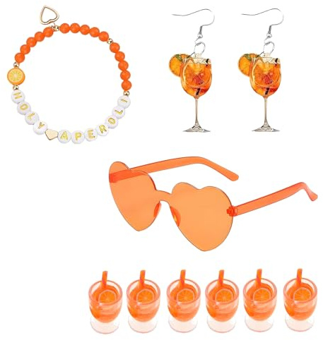 Maazusa 9Stück Orange Schmuckset Damen Orange Ohrstecker Brille Armband Ohrringe 6 Miniatur Weinglas Dekoration Italienisch Aperitivo-thematisches Geschenk für Geburtstag Bierfestival
