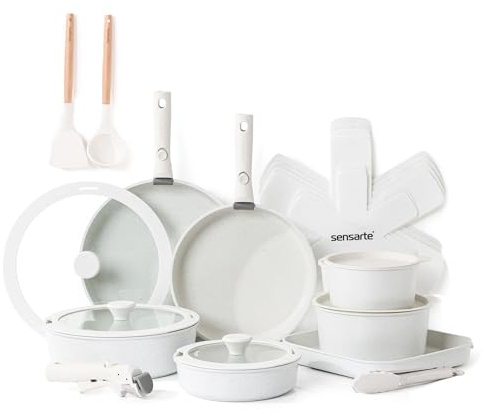 SENSARTE Induktionsgryta set 17 delar med avtagbara handtag | Non-stick av schweizisk granit, inklusive stekpannor, grytor och stekpanna, stapelbar, ugns-/diskmaskinssäker