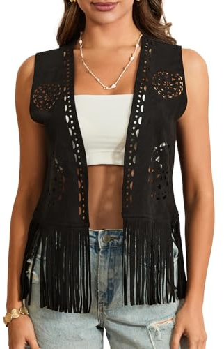 Women's Tassel Vest Hippie Faux Suede Fringed Waistcoat Open Front Sleeveless Y2k Jacket Cardigan Cowgirl Top Streetwear (A Black, L)