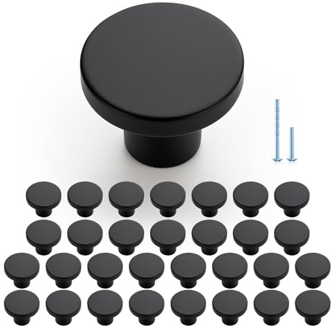 JOY DECOR 30 Pack Black Cabinet Knobs, Matte Black Kitchen Cabinet Knobs, 1-1/5 Inch Round Drawer Pulls, Kitchen Hardware for Dresser Drawers Closets