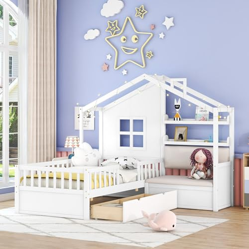 Merax Twin Size House Bed with Upholstered Sofa Seat, White L-Shape Wooden Platform Bed Frame with Two Drawers and Storage Shelf