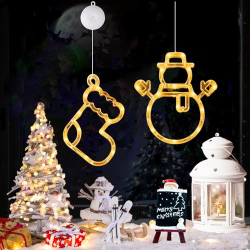 Luces navideñas para ventanas interiores, 2 unidades, luces LED para decoración de Navidad, cortina de luces a pilas, con ventosas, temporizador, luz blanca cálida, para decoración de ventanas