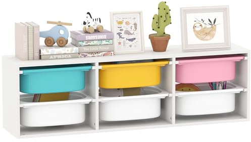 AIYAPLAY Meuble Rangement Enfant à 2 Niveaux, étagère de Rangement pour Jouets Enfants avec 6 bacs Amovibles, pour Chambre d'enfant, Salle de Jeux, garderie, Blanc