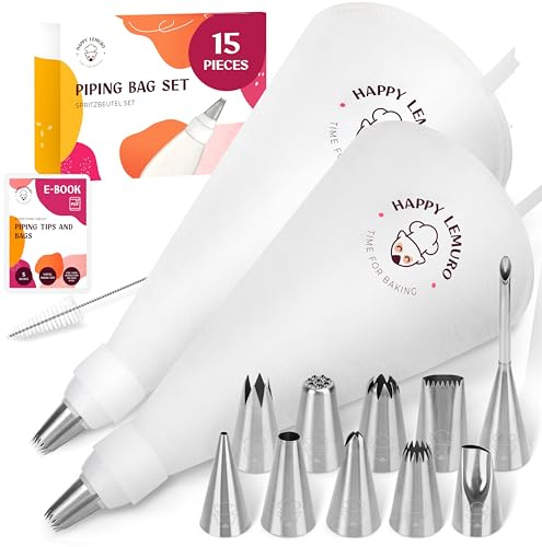 Happy Lemuro Juego de mangas pasteleras premium (16 piezas) – 2 bolsas de algodón (35 y 40 cm) con boquillas grandes – manga pastelera con boquillas para decoración de tartas – reutilizable y apto