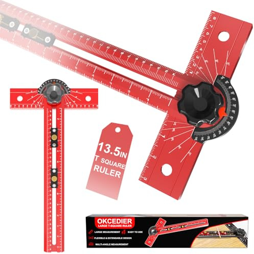 T Lineal Streichmaß 34cm Präzisions-Winkelmaß für Holzarbeiten, Anschlagwinkel 15-165° Heimwerken mit Bohrloch-Schablone, Aluminium Zimmermannswinkel für Tischlerei, Trockenbau, Architektur, Modellbau