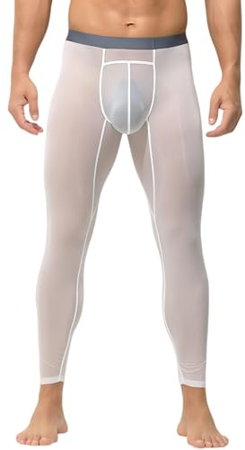 FEOY Mens Activewear Leggings Ice Silk Sheer Tights Oil Shiny Glossy Stockings Skinny Trousers Transparent Underwear White