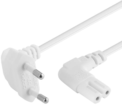 PremiumCord Cable de Alimentación de 230V 3m, para PC/Monitor/TV/UPS, Cable de Alimentación con Enchufe Europeo a Toma Doble Europea C7 de 2 Pines, IEC 320, Angular, Blanco