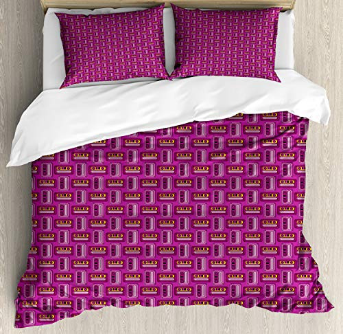 Ambesonne Retro Duvet Cover Set, Cassette Tapes Pattern Nineties Design Classic Motifs Illustration, Decorative 3 Piece Bedding Set with 2 Pillow Shams, Queen Size, Yellow and Pink