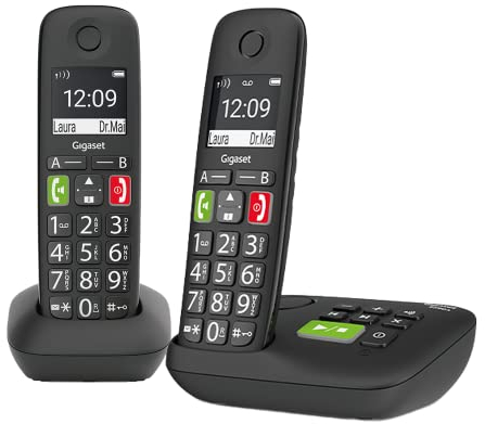 Gigaset E290A DUO - 2 Schnurlose Senioren DECT-Telefone mit Anrufbeantworter - große Tasten, Zielwahltasten für wichtige Nummern, Verstärker-Funktion für lautes Hören, schwarz [Deutsche Version]