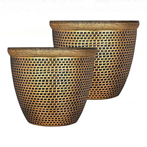 SG Traders 2 X Large Plastic Round Cromarty Plant Pot Flower Pot Planter Garden Decoration Gold 36cm Plant Pot Outdoor Flower Pots Outside Garden Planters Outdoor With Drainage Holes