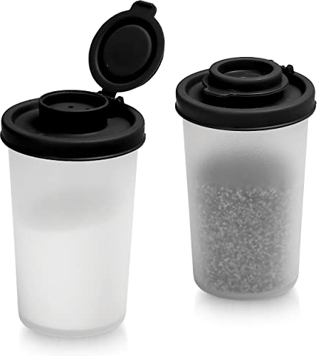 Salt and Pepper Pots – Salt and Pepper Shakers in a Range of Sizes – Non-Toxic Salt and Pepper Set for Home, Camping, Picnics, Lunch Boxes – Transparent Salt Pepper Set (Big Black, 2pk)