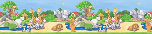 Kinderzimmer Tapetenbordüre mit Zoo | Tier Tapeten Bordüre mit Bären und Elefanten für Jungen und Mädchen | Bunte Papierbordüre für Babyzimmer