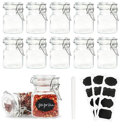 Homelike Style 12 Pack Glass Jars with Airtight Lids, 3.4 oz Small Spice Jars, 12 Pack Empty Mini Glass Bottles with Silicone Gasket, Herb Containers with Chalkboard Labels and Marker for Kitchen