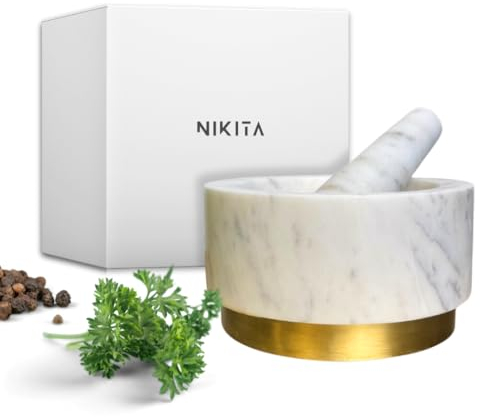 NIKITA White Marble Pestle and Mortar Set - Large Mortar and Pestle Set for Herb and Spice Crusher Kitchen Set - Heavy and Durable Stone Pestle and Mortar - Gold