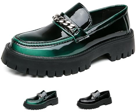 Men's Patent Leather Platform Slip-on Loafers,Fashion Round Toe Metal Decoration Non-Slip Thick Sole Business Dress Shoes Causal Party Wedding Prom Shoes (Green,10)