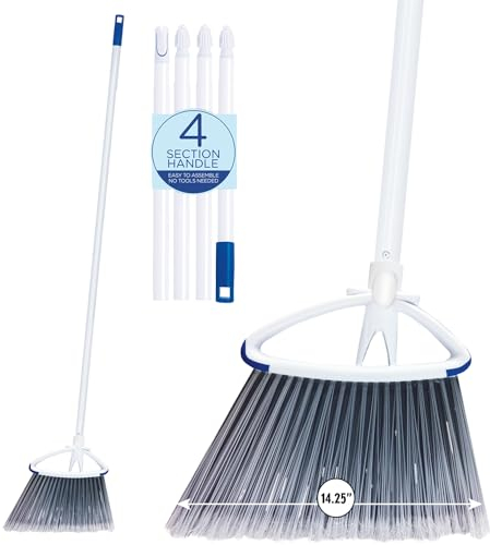 Lola Products Großer Winkelbesen, bis zu 38,1 cm breite Kehrbreite, Borsten aus recycelten Soda-Flaschen, glänzender Stahl, 121,9 cm Griff, inklusive Drehkappe zum Aufhängen für einfache Lagerung, für