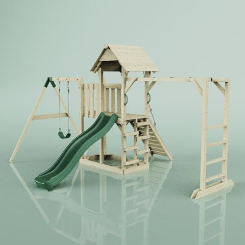 Rebo Spielturm mit Wellenrutsche aus Holz | Outdoor Klettergerüst mit Kinderschaukel, Hangelstangen, Plattform und Kletterseil