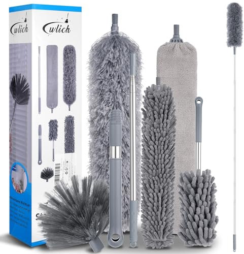 Wlich Plumero telescópico de microfibra de 8 piezas, plumero largo extensible con barra telescópica de hasta 250 cm, lavable, para telarañas, techos altos, huecos, juego de limpieza reutilizable