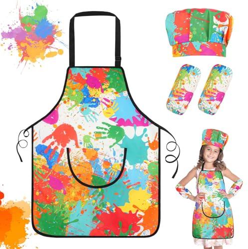 Ainiv Grembiule da Pittura Bambini, Grembiulino Impermeabile Scuola con Tasche, 2 Maniche e 1 Cappello, Grembiule Pittura per 6-13 Anni Bambino Bambina, per Dipingere Scuola Asilo Cucina Casa