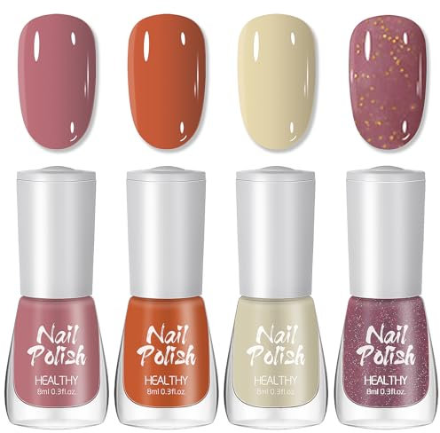 NLFOX Nail Polish Sets - 4PCS Nail Varnish Sets - Dark Pink, Purple, Orange, Yellow - Purple Glitter - 60 Seconds Air Dry, Long Lasting