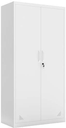 DWVO Metal Storage Cabinets, Tall Filing Cabinets with Keys & 4 Adjustable Shelves, lockable Office Cabinet For Home Office Garage, White, 180 cm x 90 cm x 45 cm