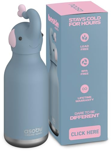 ASOBU Bestie Kindertrinkflasche mit Strohhalm – Isolierte Edelstahlflasche 420ml mit Elefantenkopf – Auslaufsicher & BPA-frei