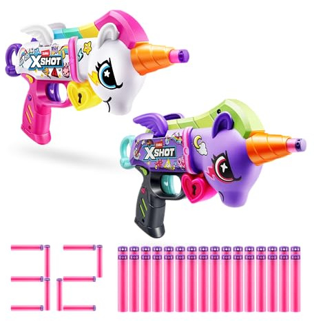 XSHOT Blastercorn 2-Pack by ZURU: Blasters unicorno bianchi e viola, ali battenti, 32 freccette Air Pocket, gittata 27 m. Giocattolo all'aperto per bambini 8+, adolescenti, adulti.