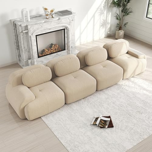 HAINEW Modern 4-sitsig soffa av manchestertyg, boneless soffa med böjda armstöd och halkfri undersida, gör-det-själv fri skarvning och kombination, stoppad soffa för vardagsrum (beige, 4-sitsig)