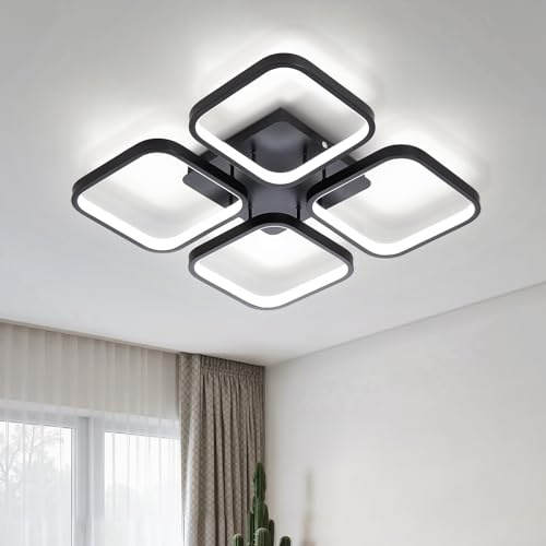 Warmiehomy Modern LED Ceiling Lamp,60W LED Ceiling Lighting Fixtures,43CM Square 4 Lights Black Ceiling Lights with 6500K Cool White Light for Bedrooms