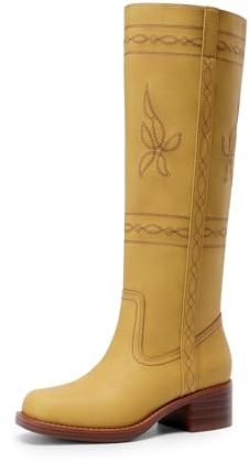 DREAM PAIRS Bottes montantes à enfiler pour femme avec coutures occidentales, style vintage, confortables à bout carré, jaune, 41 EU