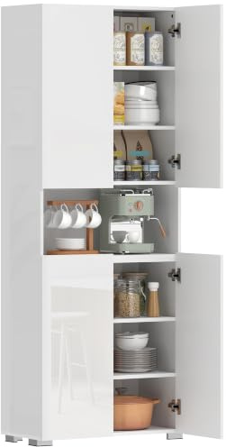 HOMCOM Buffet Haut Cuisine Vaisselier Haute Brillance 68x34x180cm Blanc | Armoire de Cuisine, 4 Portes à Fermeture Douce, Étagères Réglables, Meuble de Rangement Salon Salle à Manger