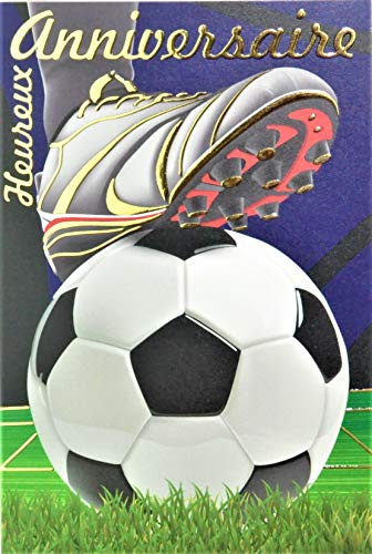 65-1266 Carte Heureux Anniversaire Or Doré Foot Football Footballeur Sport Pied Crampons Ballon rond Gazon Terrain Stade Fête Fabriqué en France pour Supporter Supportrice du Championnat d'Europe