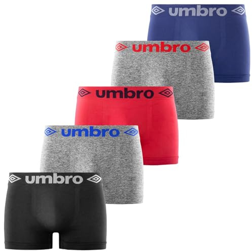 Umbro Caleçon Homme sans Couture, Boxer Homme, Maintien Anti-Glisse, Infroissable et Anti-transpirant (Lot de 5), Taille S/M - Gris/Bleu/Rouge/Noir