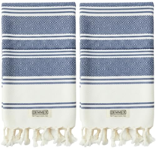 DEMMEX, Juego de 2 toallas de mano turcas orgánicas para baño, 100 % algodón turco certificado Oeko-TEX, de secado rápido, ligeras, de cocina y viaje, tejido de diamante, grande, 46 x 92 cm, Azul