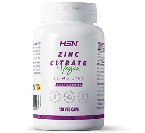ZINC 25 MG de HSN | Citrato de Zinc para 4 Meses = 25mg de Zinc Mineral por Dosis Diaria = 1 Cápsula Vegetal | No-GMO, Vegano, Sin Gluten