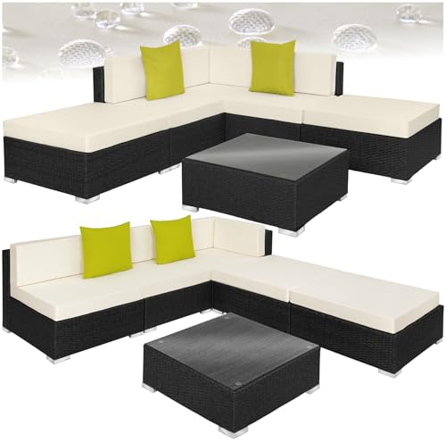 tectake® Ensemble Salon de Jardin Exterieur XXL en Poly Rotin Modulable Canapé 5 Places 3 Fauteuil Salon 2 Tabouret Pouf et 1 Table de Jardin, Mobilier de Jardin pour Amenagement Balcon Terrasse