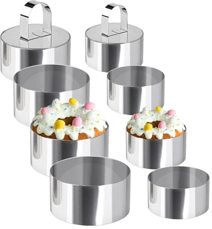 Uncle Jack 8 Pieces Round Cake Ring Molds, Cake Ring Mold Set, with Pusher, for Kitchen Tools, Baking Pastry (Include 4Pcs 3.14inch rings + 4Pcs 2.36inch Rings and 2 Pushers)
