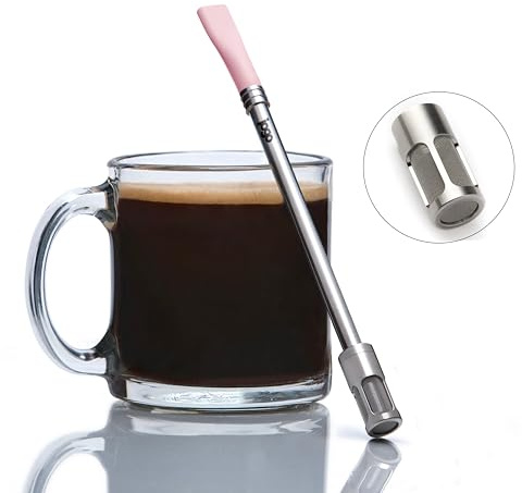 JoGo - Pajita portátil para preparar café y té, cafetera reutilizable hecha de acero inoxidable con colador de una sola porción, función de filtro para preparación caliente y fría, ideal para café y