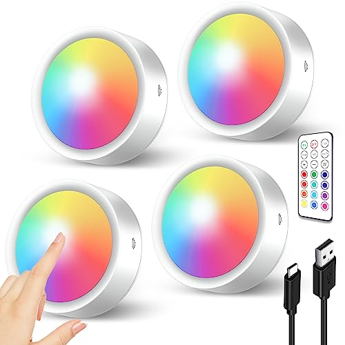 Luces Vitrina RGB Recargable USB - 2400mAh Regulable Foco LED Armario Colores Luz LED Bajo Muebl Cocina con Mando a Distancia Luz Nocturna Interior sin Cable Lámpara Escalera Pulsador Inalambrico