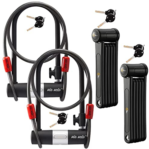 Via Velo 4-in-1 Fahrradschloss-Set, robustes Stahl-Faltschloss, 27,9 cm Fahrradschloss, 1,8 m Kabel, für Elektrofahrräder und Roller