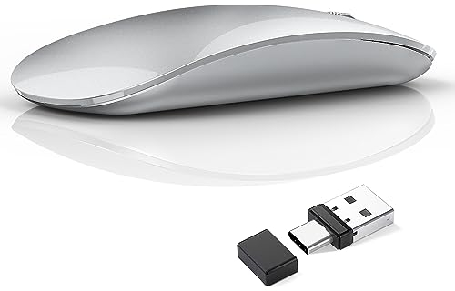Uiosmuph G11 Kabellose Maus, 2,4 GHz Funkmaus mit USB-Nano-Empfänger und Type-c-Empfänger, Leise Wireless Mouse USB C Wiederaufladbar für Laptop, PC, Mac Silber