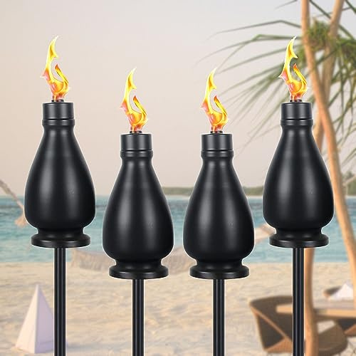 tewei Paquete de 4 antorchas de citronela de metal negro para exteriores, antorchas de jardín de 59 pulgadas para exteriores, antorchas de hierro forjado mejoradas para patio, antorcha de mesa negra,