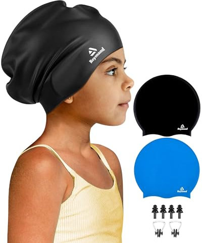 Reymand 2 Pack Extra Große Badekappe Kinder für Langes, Dickes Haar, Silikon Bademütze für Kleinkinder, Jugendliche, Mädchen und Jungen, Badehaube für Zöpfe, Dreadlocks, Afros（Schwarz+Blau）