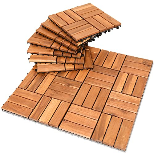 Ansobea Lot de 11 carreaux de terrasse en bois d'acacia - 30 x 30 cm - 1 ㎡ - 1 ㎡ - Carreaux de terrasse à cliquer - Pour jardin, patio (12 lattes), 12 lattes, 11 pièces 1 ㎡