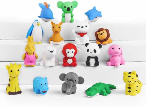 OFFCUP Gommes Fantaisie, 17pcs Gommes à Effacer, Gomme Mignonnes Animaux, Gomme en Caoutchouc à Animal Créative Kawaii pour écoles élèves Papeterie École