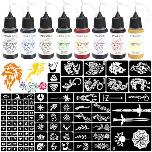 PFARRER Temporary Tattoo Kit 8 Bottles Color Temporary Tattoo Ink,105 Pcs Stencils Kit for Body Paint DIY Fake Tattoos for Kids&Women (Black,Red,Green,Blue,Yellow,Purple,Brown,Orange)