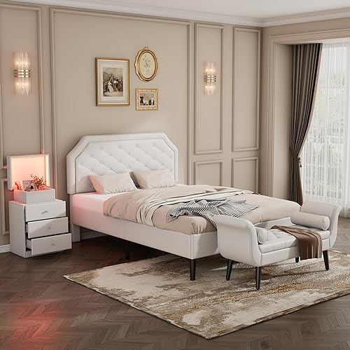 Komplettschlafzimmer Set, Polsterbett + 1x Nachttisch+ Betthocker, Nachttisch mit 16-farbigen Lichtleisten, 3 Schubladen und eine Schachtel, Betthocker mit zylindrischen Polstern, PU, Weiß, 140x200 cm