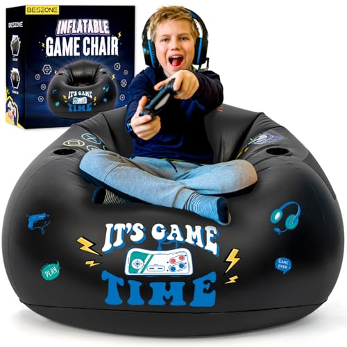 Inflatable Gaming Chair for Kids, Floor Bean Bag Chair for Teens - Boys Room Furniture with Cup Holder and Side Pocket, Inflatable Gaming Couch for Boys Room, Cool Kids Blow Up Couch Decor for Teens